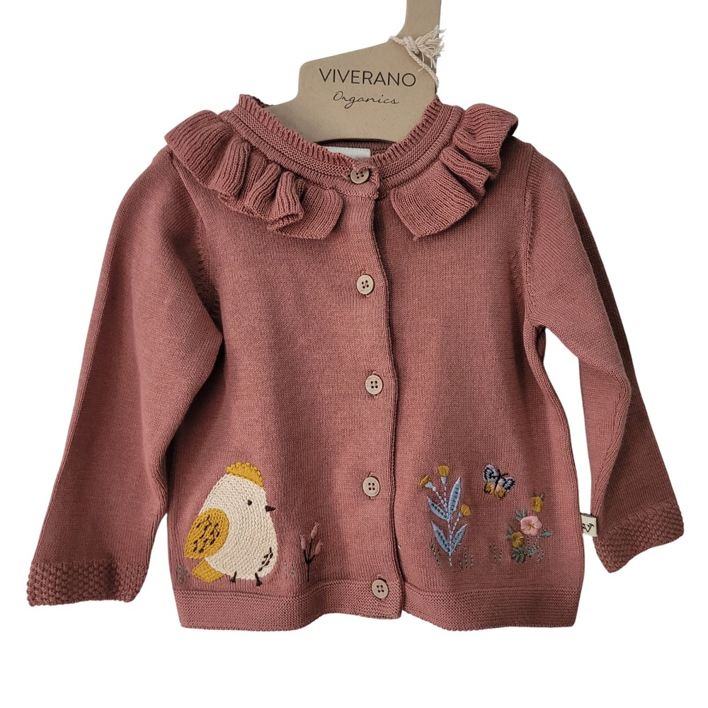Viverano 3-6M Cardigan Baby‎ Girls Organic Cotton Ruffle Embroidered Bird Rose